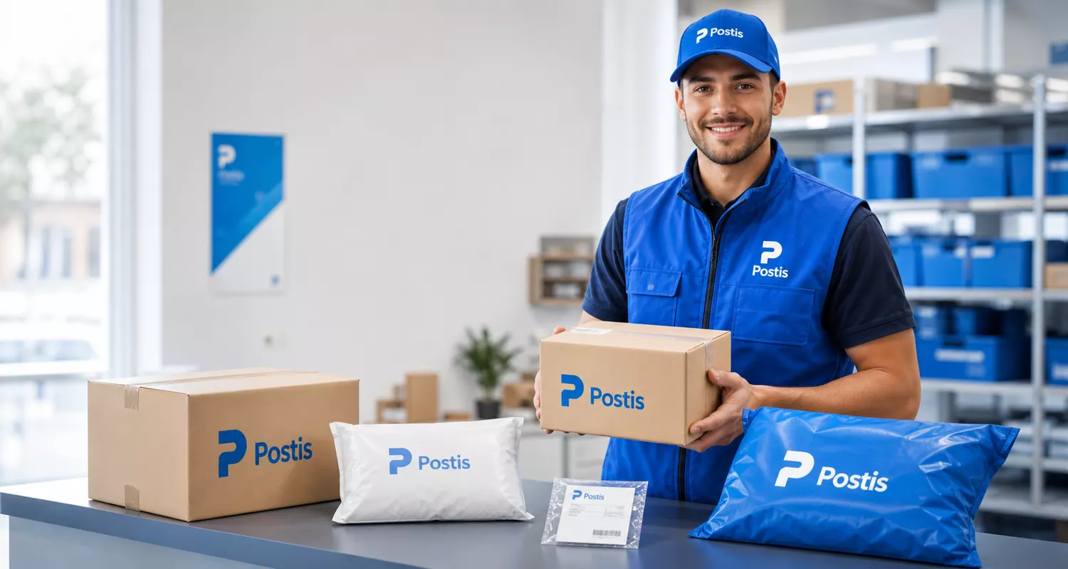 Postis-personal med blå uniform och flera märkta paket på ett servicebord.